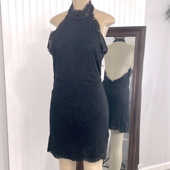 Free People Black Harper High Neck Lace Halter Top Backless Mini Dress NWT - Picture 1 of 16